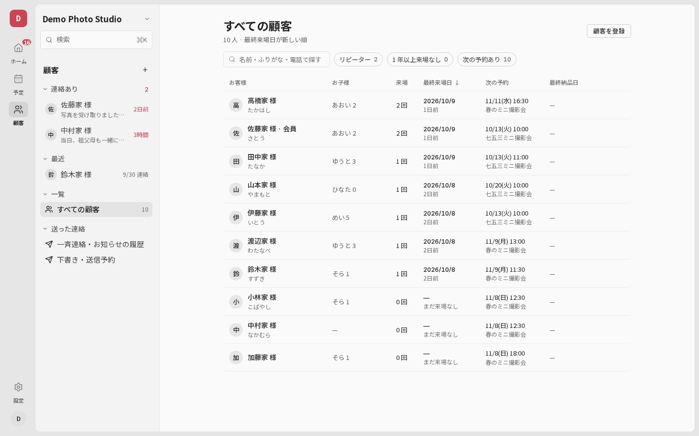 顧客の一覧。お子様・来場の回数・最終来場日・次の予約が並ぶ