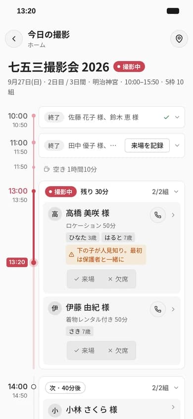 アプリの「今日の撮影」画面の見本