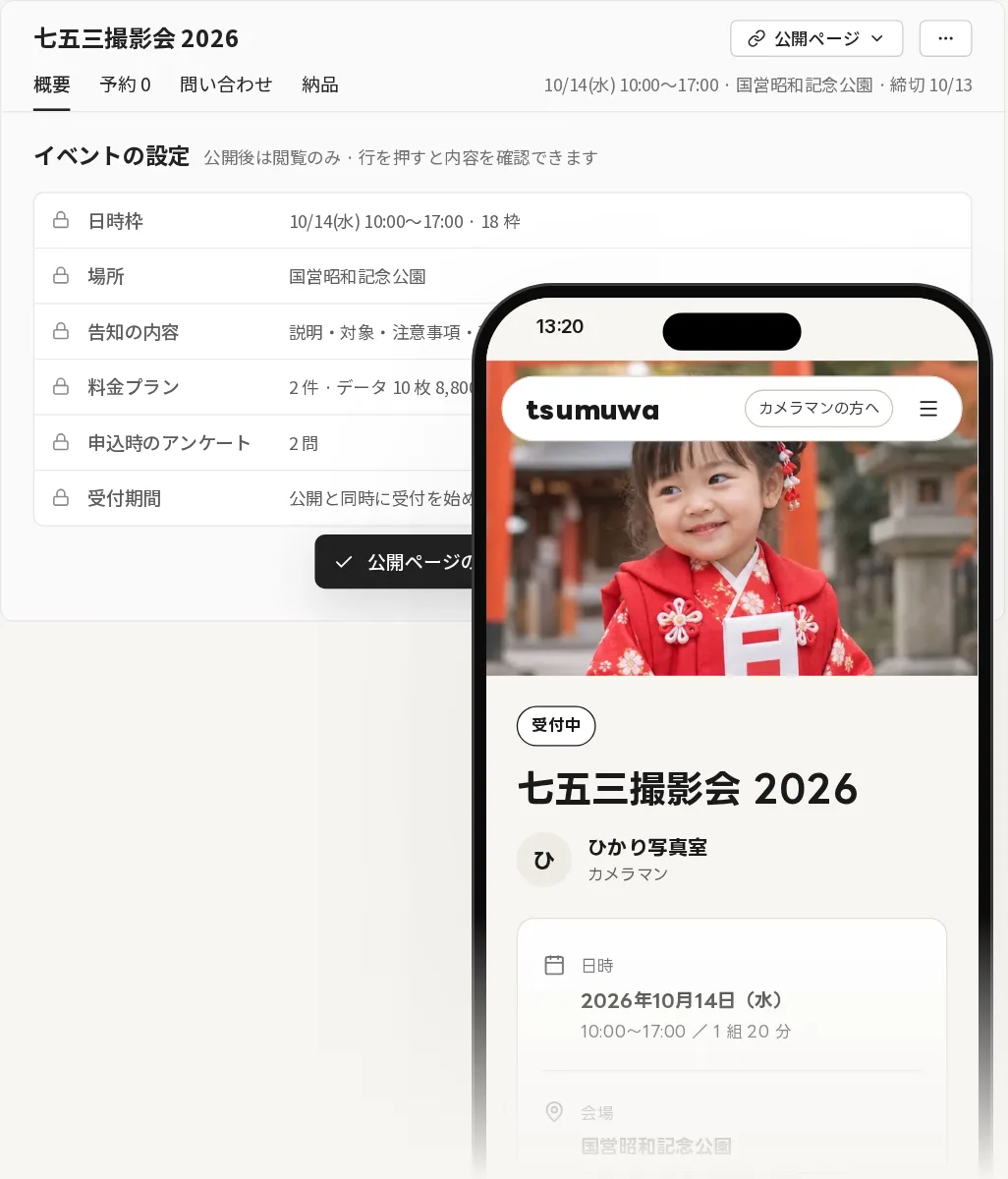 イベントの管理画面。イベントを作り、日時枠と場所を設定して公開する。公開ページの URL をコピーすると、スマホで撮影会のページが見られる